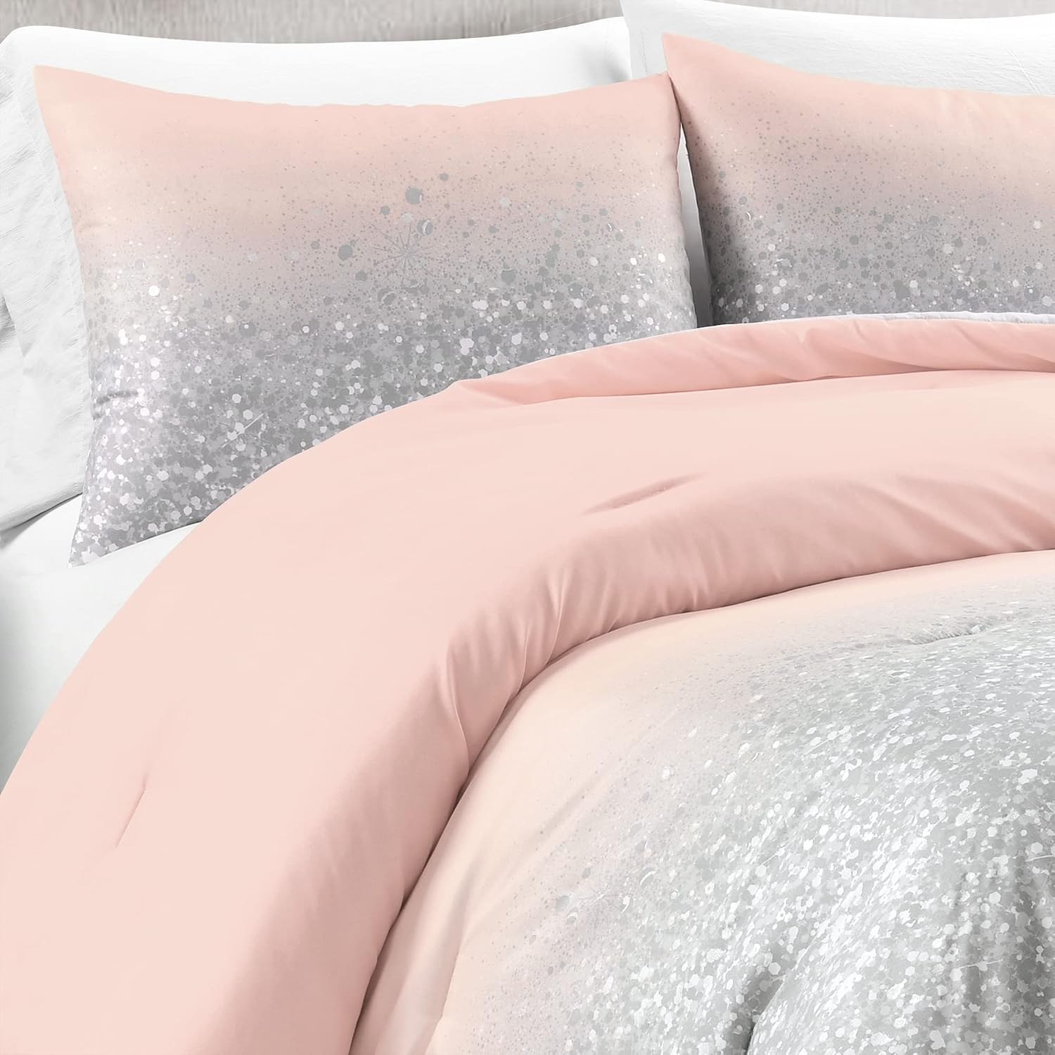 Lush Decor Glitter Ombre Metallic Print 5 Piece Comforter Set, Full/Queen, Blush & Gray