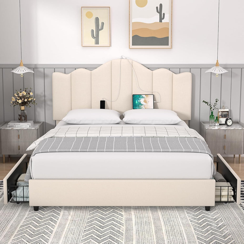 VECELO Full Size Platform Bed Frame with Type-C & USB Charging Stations/4 Storage Drawers, Upholstered Adjustable Headboard, Strong Wooden Slats Support, No Box Spring Needed, Easy Assembly