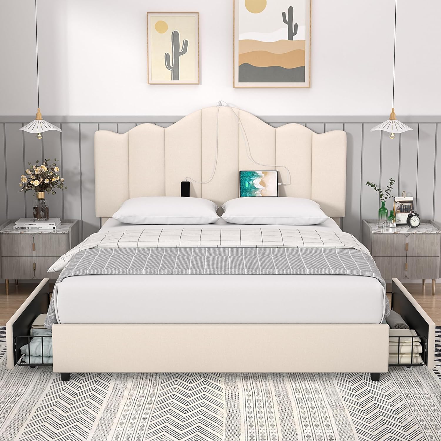 VECELO Queen Size Platform Bed Frame with Type-C & USB Charging Stations/4 Storage Drawers, Upholstered Adjustable Headboard, Strong Wooden Slats Support, No Box Spring Needed, Easy Assembly
