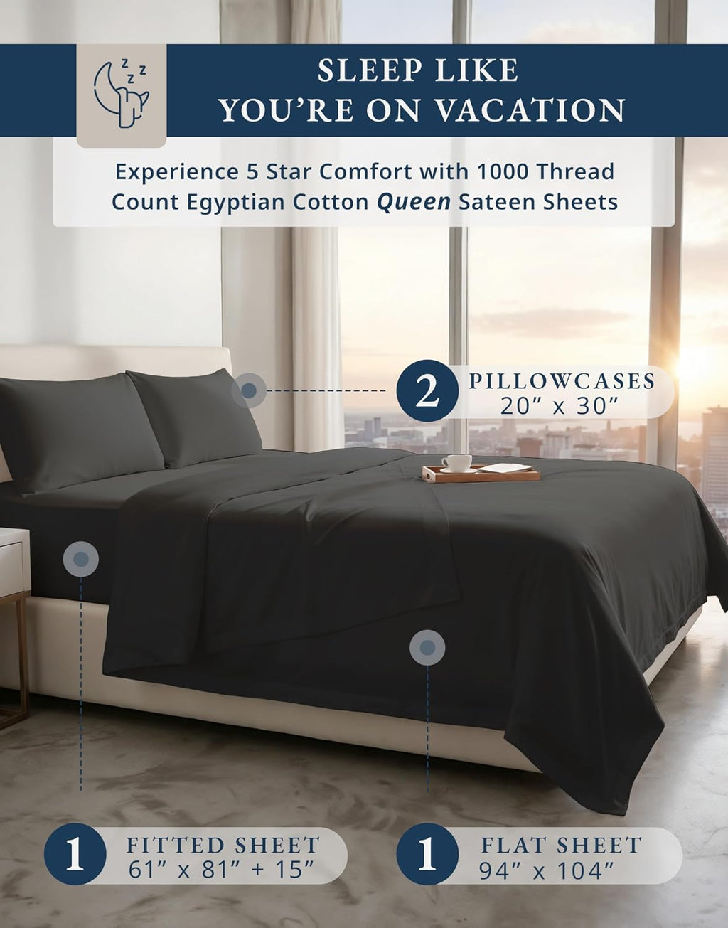 100% Egyptian Cotton Sheets Queen Size Bed Set – 1000 Thread Count Naturally Cooling & Breathable Sateen Queen Sheets Set, Long-Staple Cotton for Lasting Softness, Snug Fit 15' Deep Pocket - Black