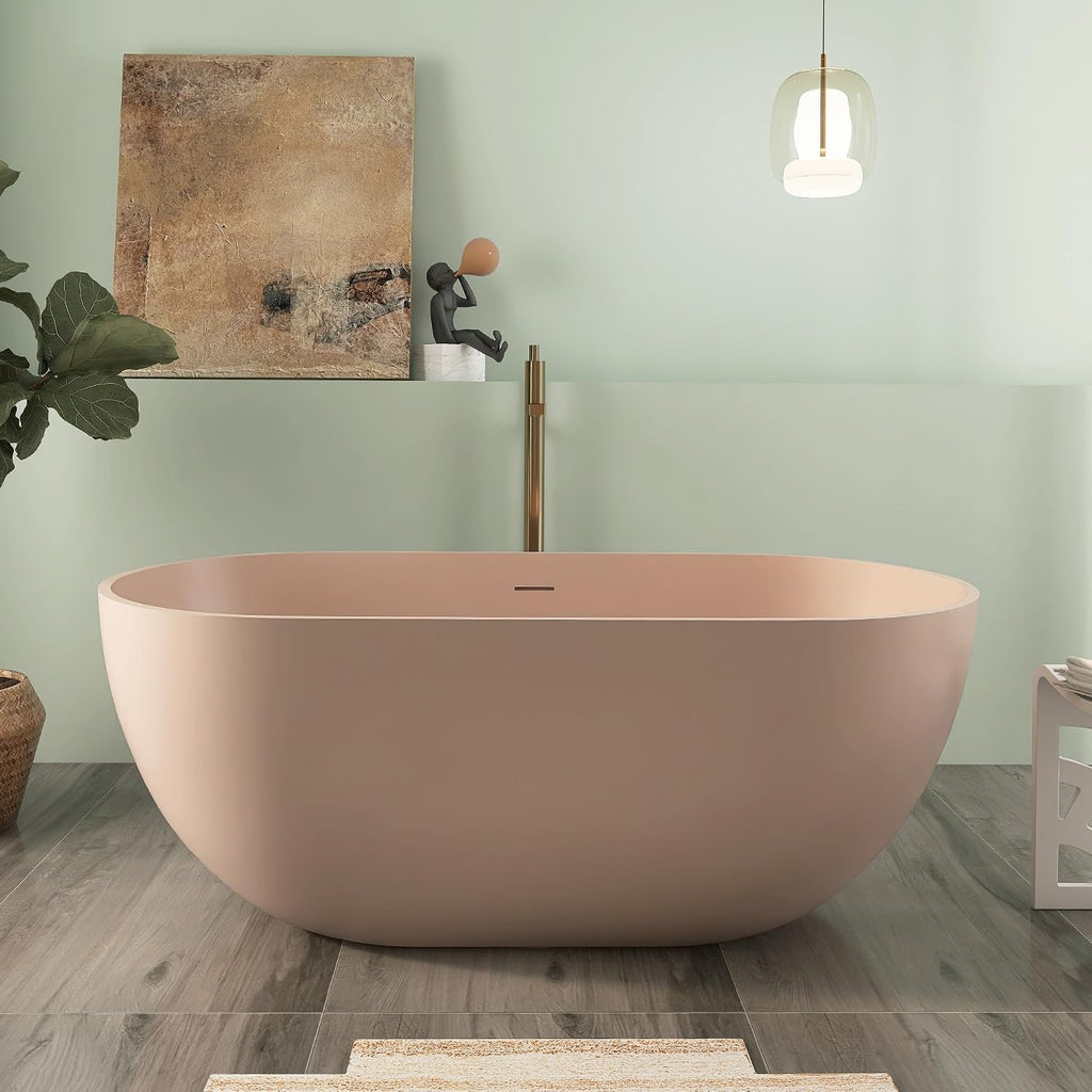 Premium 59' Pink-Sandstone Solid Surface Free Standing Tub, Upgraded Oval Resin Stone Bathtub with Overflow and Pop-up Drain