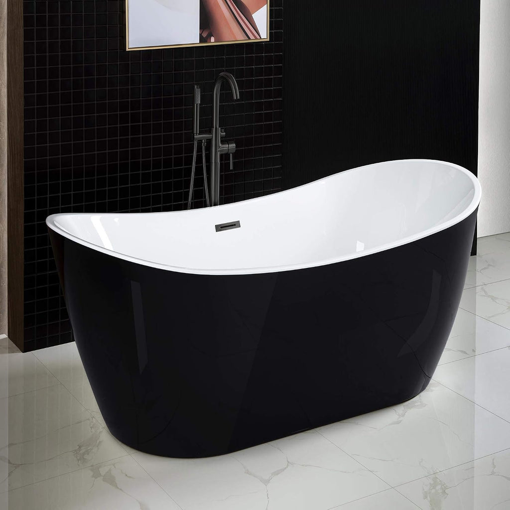 WOODBRIDGE 59' Acrylic Freestanding Bathtub Contemporary Soaking Black Tub with Matte Black Overflow and Drain，B1816-MB-Drain &O