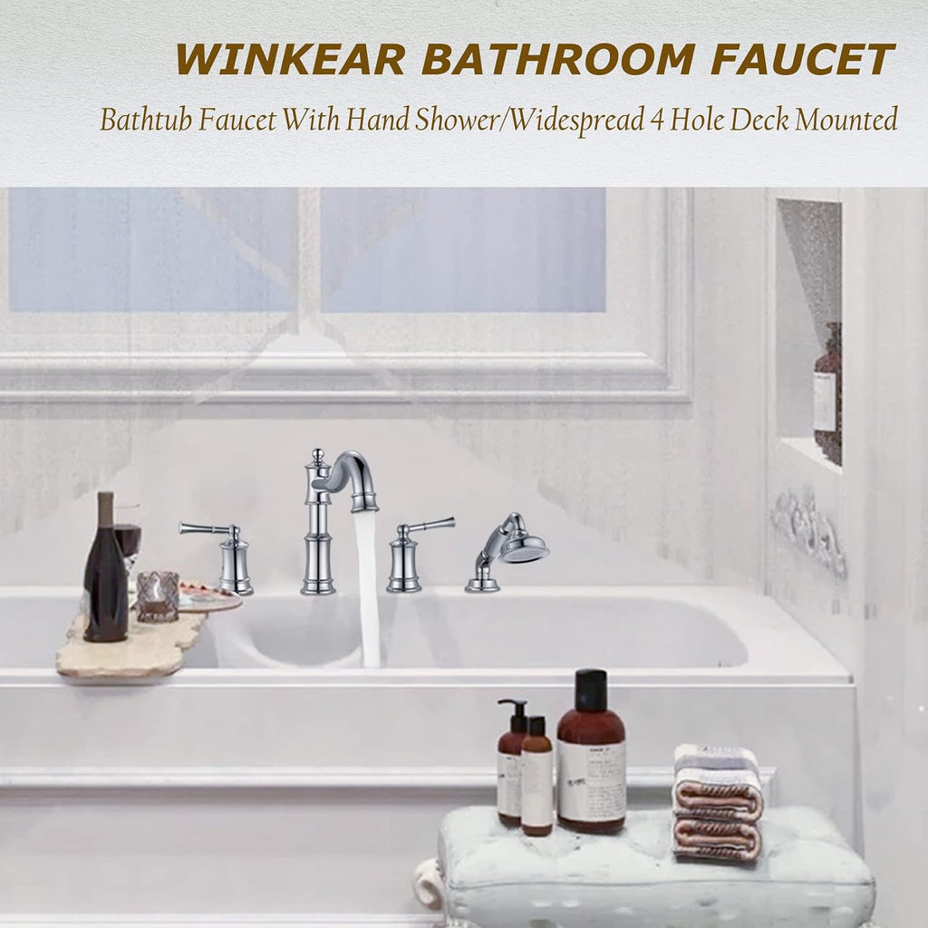 Roman Bathtub Faucet Set With Hand Shower 4 Hole Deck Mount Tub Filler With Diverter, 2 Lever Handle Rough-in Valve and Water Supply Lines Included for Bathroom Tub, Chrome