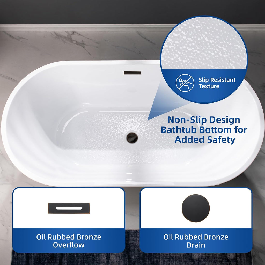 WOODBRIDGE 59' Freestanding White Acylic Soaking Bathtub with Oil Rubbed Bronze Drain and Overflow, BTA1514-ORB