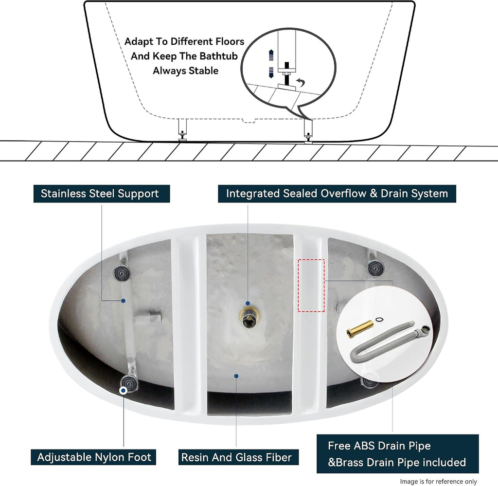 FerdY Tahiti 55' Acrylic Freestanding Bathtub, Elegant Oval Shape Soaking Bathtub, Glossy White, Matte Black Drain & Integrated Slotted Overflow Assembly Included cUPC Certified
