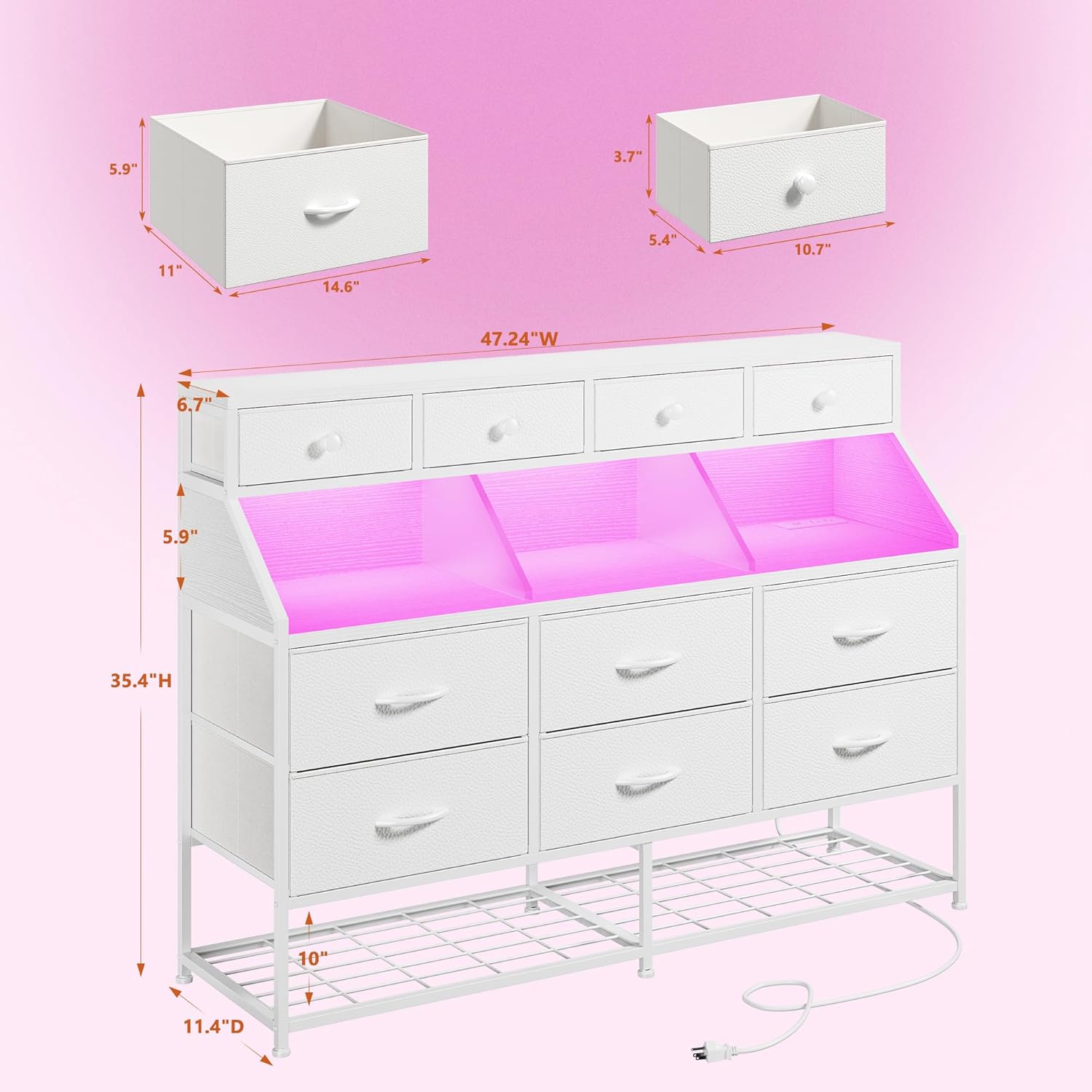 EnHomee Dresser for Bedroom with 10 Drawers & Shoe Rack Fabric Dressers & Chests of Drawers with LED Lights and Power Outlets Bedroom Dresser for Entryway, Hallway(White)