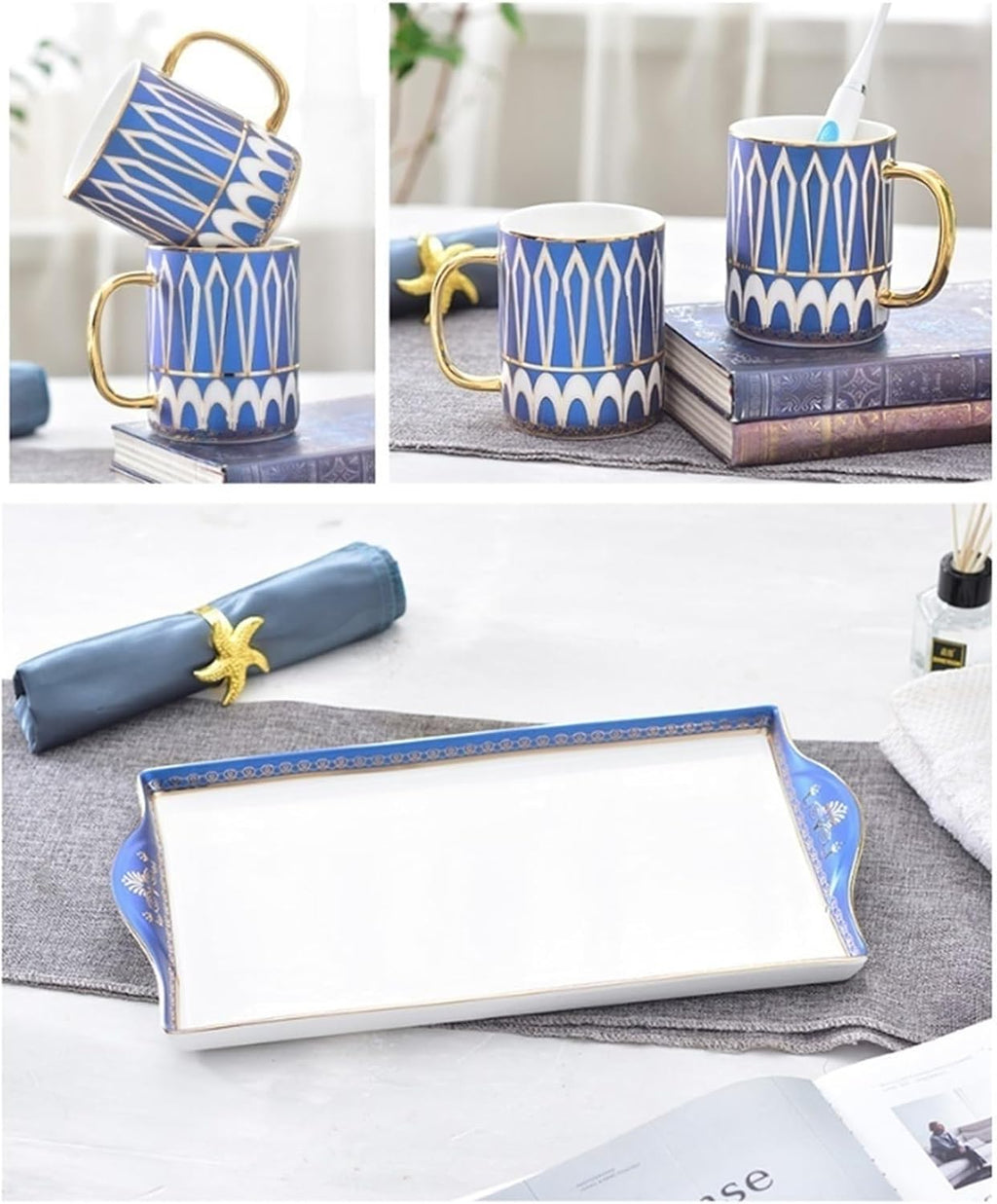 Ceramics Bathroom Accessories Set 6-Piece Soap Dispenser，Toothbrush Holder，Toothbrush Cup，Soap Dish，Tray Bathroom Accessory Sets Blue Bath Set