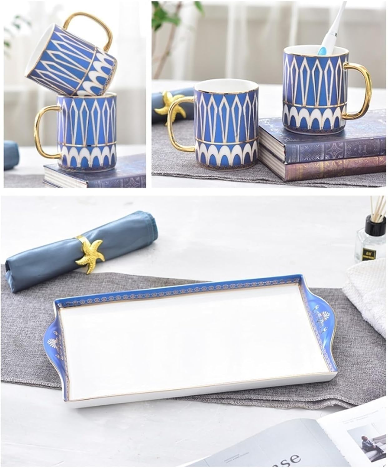 Ceramics Bathroom Accessories Set 6-Piece Soap Dispenser，Toothbrush Holder，Toothbrush Cup，Soap Dish，Tray Bathroom Accessory Sets Blue Bath Set