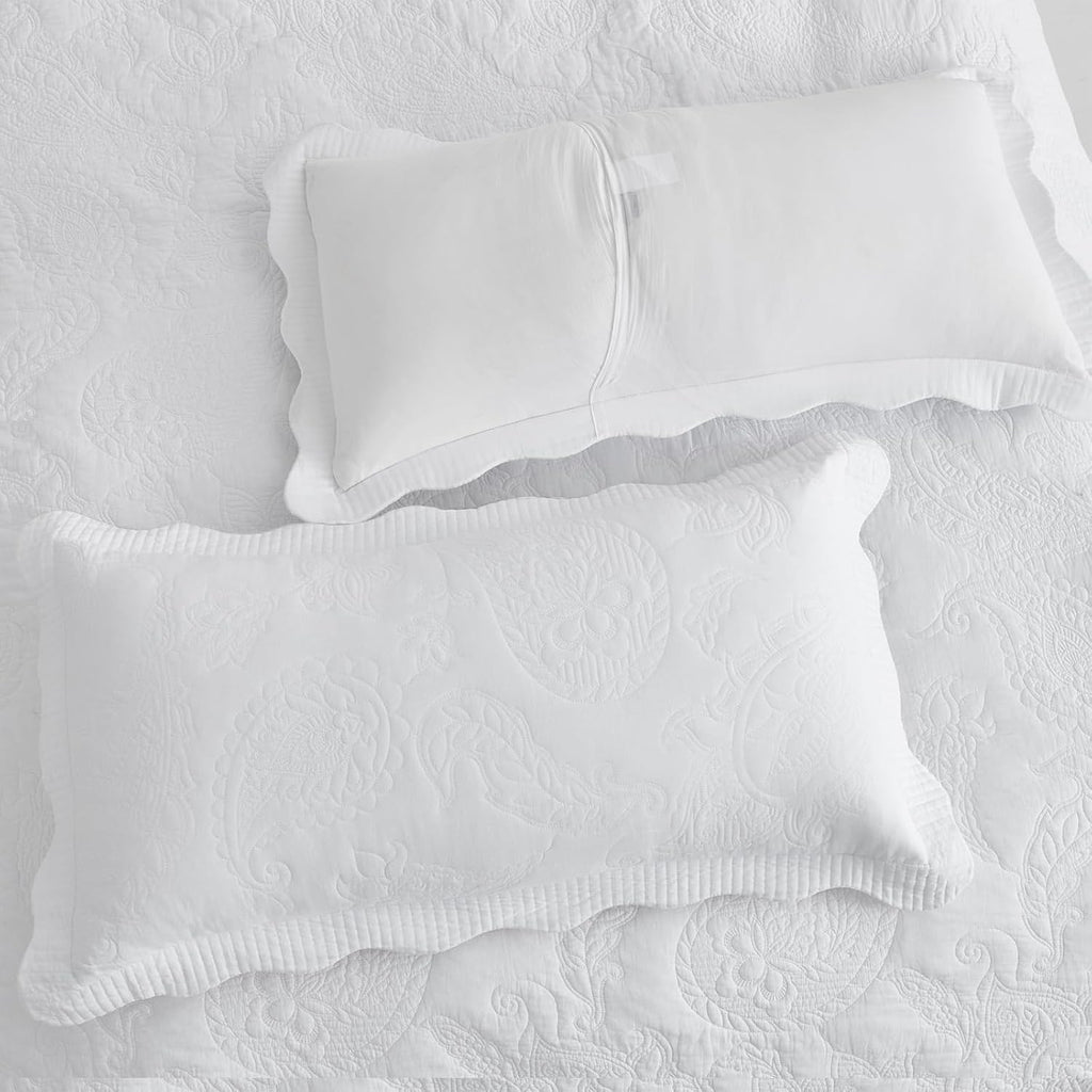 Oversized King Bedspread Cotton, Reversible Paisley Pattern Design, Lightweight Bedding Cover, 5 Piece Set, Pure White