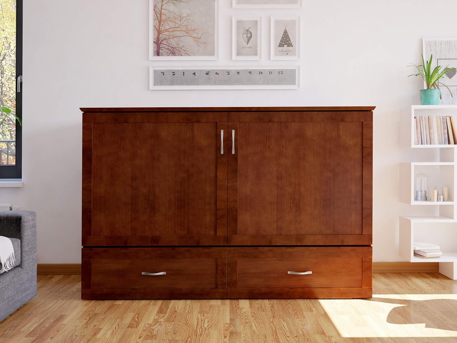 AFI Hamilton Queen Murphy Bed Chest with Mattress, Storage, and Built-in Charger in Walnut