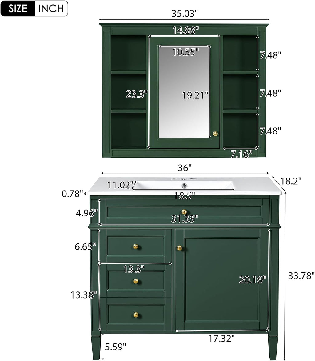 Merax 36'' Bathroom Vanity with Medicine Cabinet, Royal Blue Mirror Cabinet, Modern Bathroom Storage Cabinet with 2 Soft Closing Doors and 4 Drawers,Green