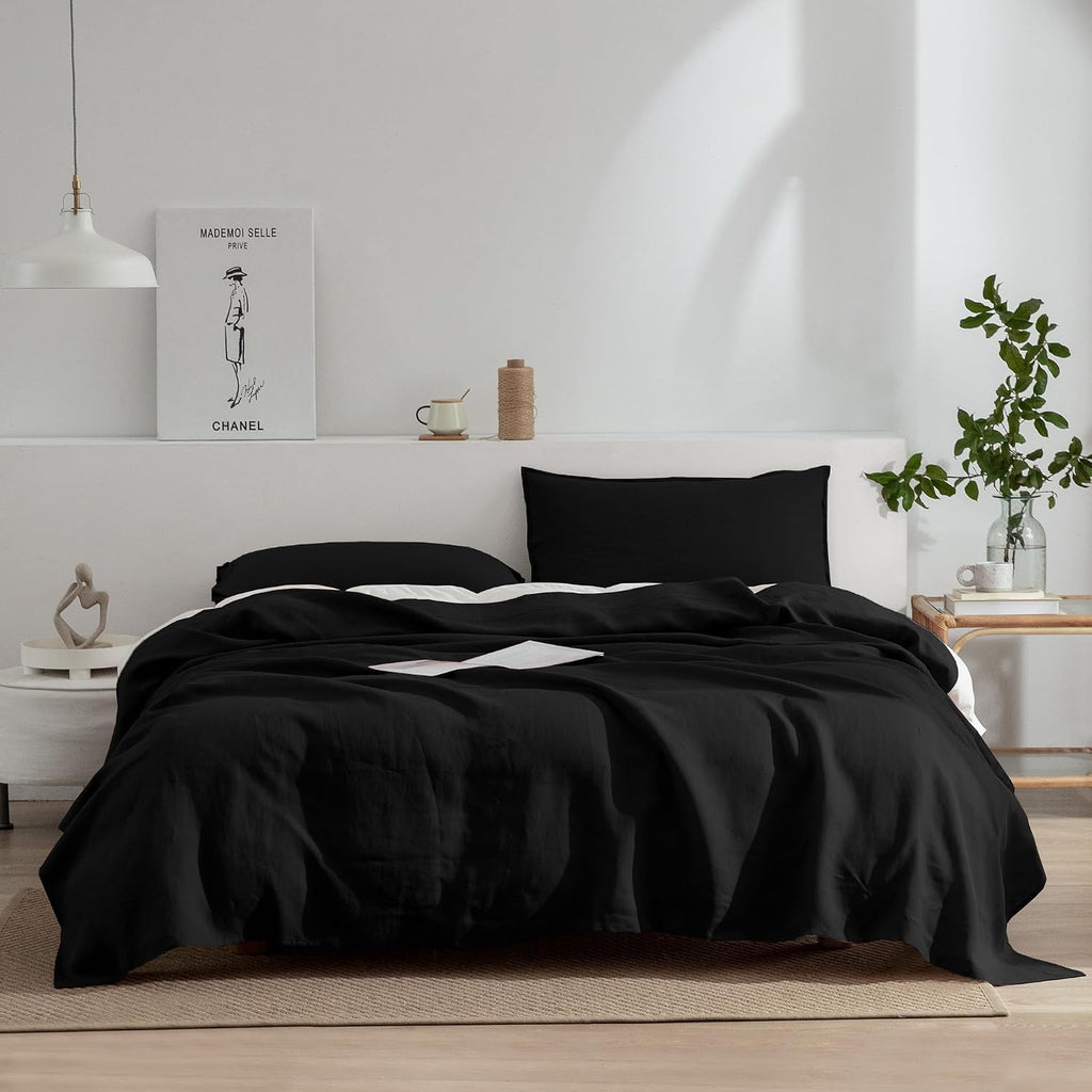 EVERLY Linen Sheets Set Queen Size,100% French Stonewash Pure Linen Sheets Set,4Pieces (1Flat Sheet,1Fitted Sheet,2Pillowcase) Suitable for Hot Sleepers,Deep Pocket Natural Bedding Set-Black
