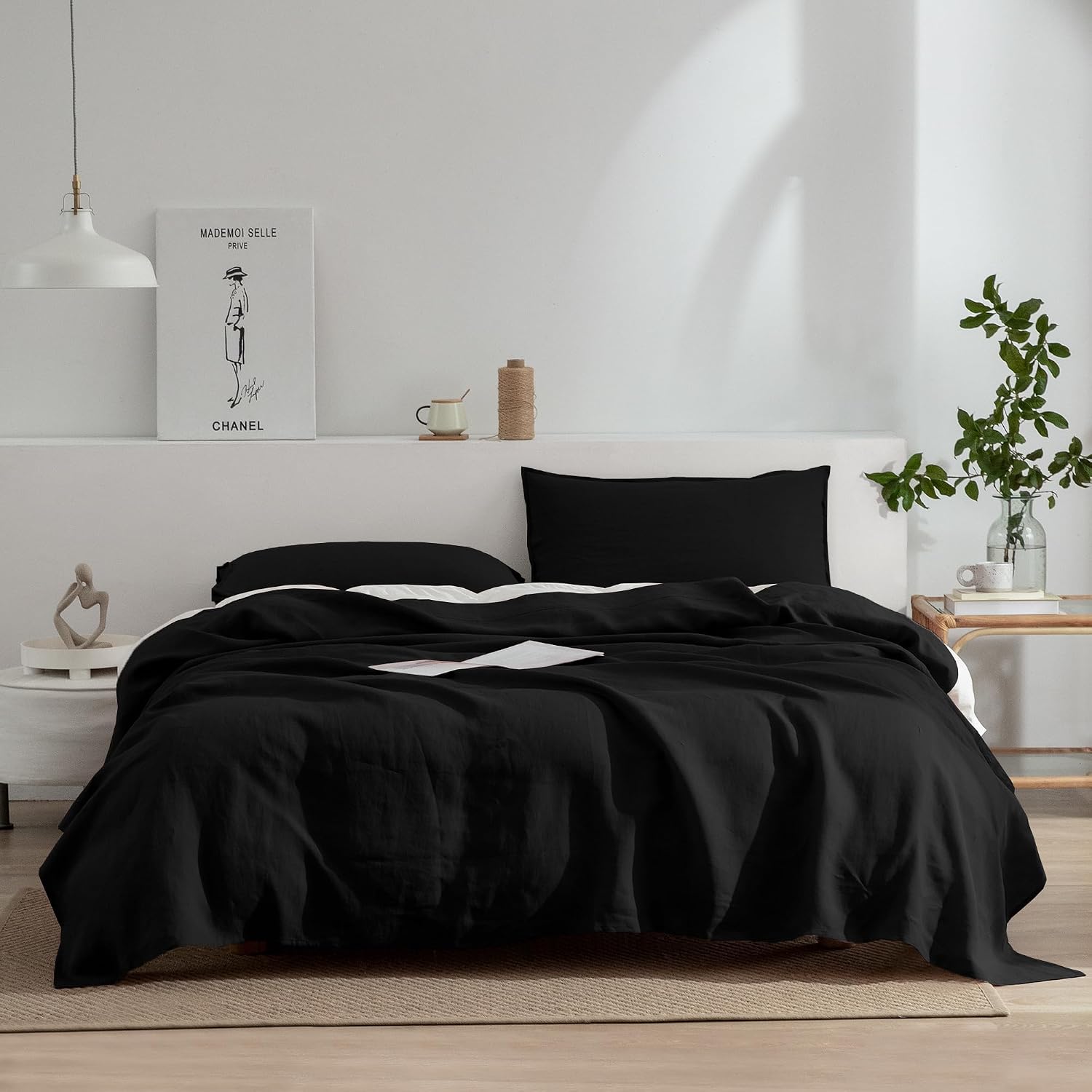 EVERLY Linen Sheets Set Queen Size,100% French Stonewash Pure Linen Sheets Set,4Pieces (1Flat Sheet,1Fitted Sheet,2Pillowcase) Suitable for Hot Sleepers,Deep Pocket Natural Bedding Set-Black