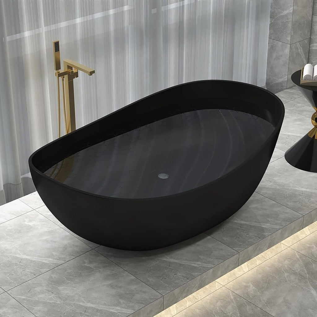 Freestanding 71 Inch Oval Bathtub Stone Resin Soaking Bathtub with Center Drain (Black)