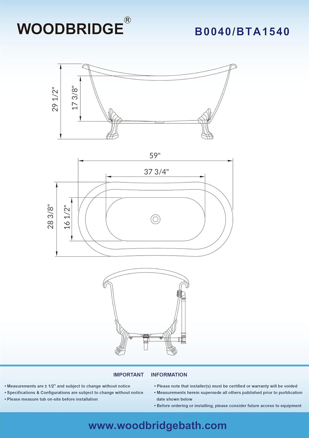 WOODBRIDGE 59' Heavy Duty Acrylic Double Slipper Clawfoot Bath Tub with Chrome Feet + Chrome Drain &Overflow
