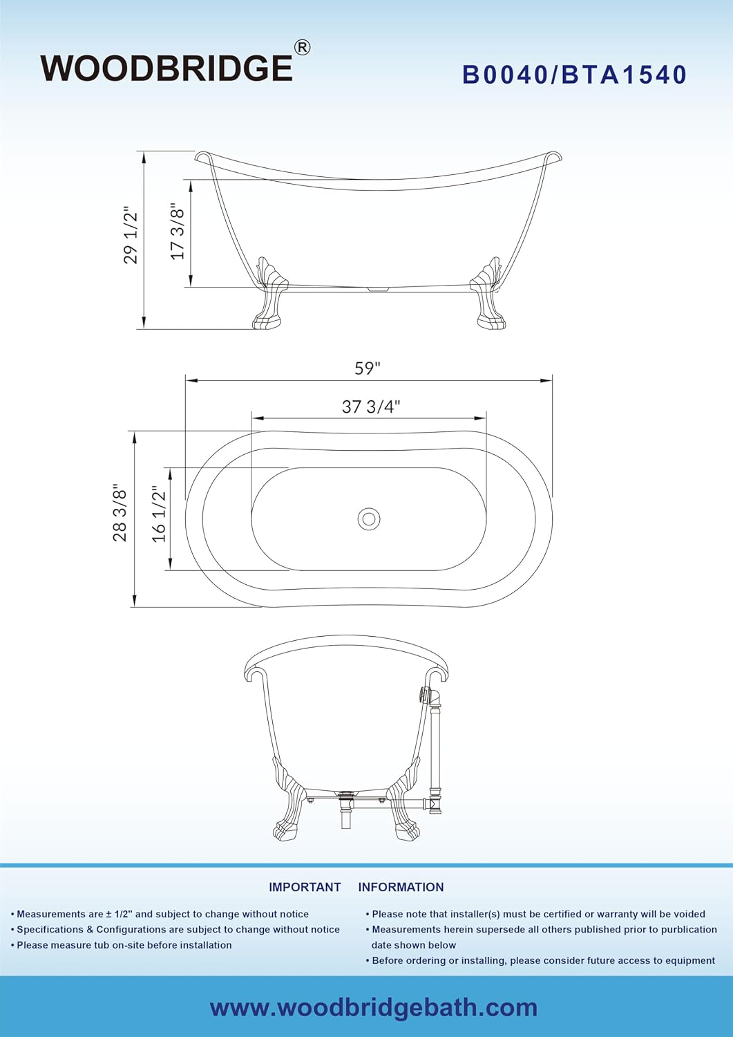 WOODBRIDGE 59' Heavy Duty Acrylic Double Slipper Clawfoot Bath Tub with Chrome Feet + Chrome Drain &Overflow