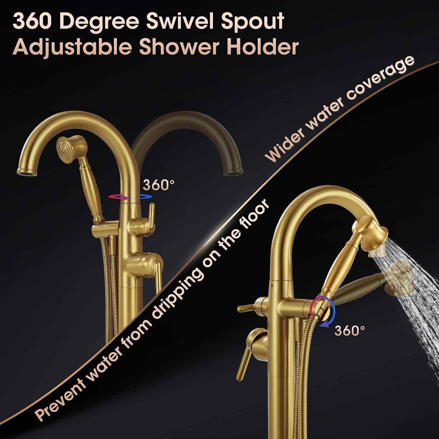 Free Standing Tub Faucet, Wintap Brass Antique Freestanding Bathtub Filler with Handheld Sprayer Max 6.6GPM/60PSI Classic Brushed Gold WT-9811BG