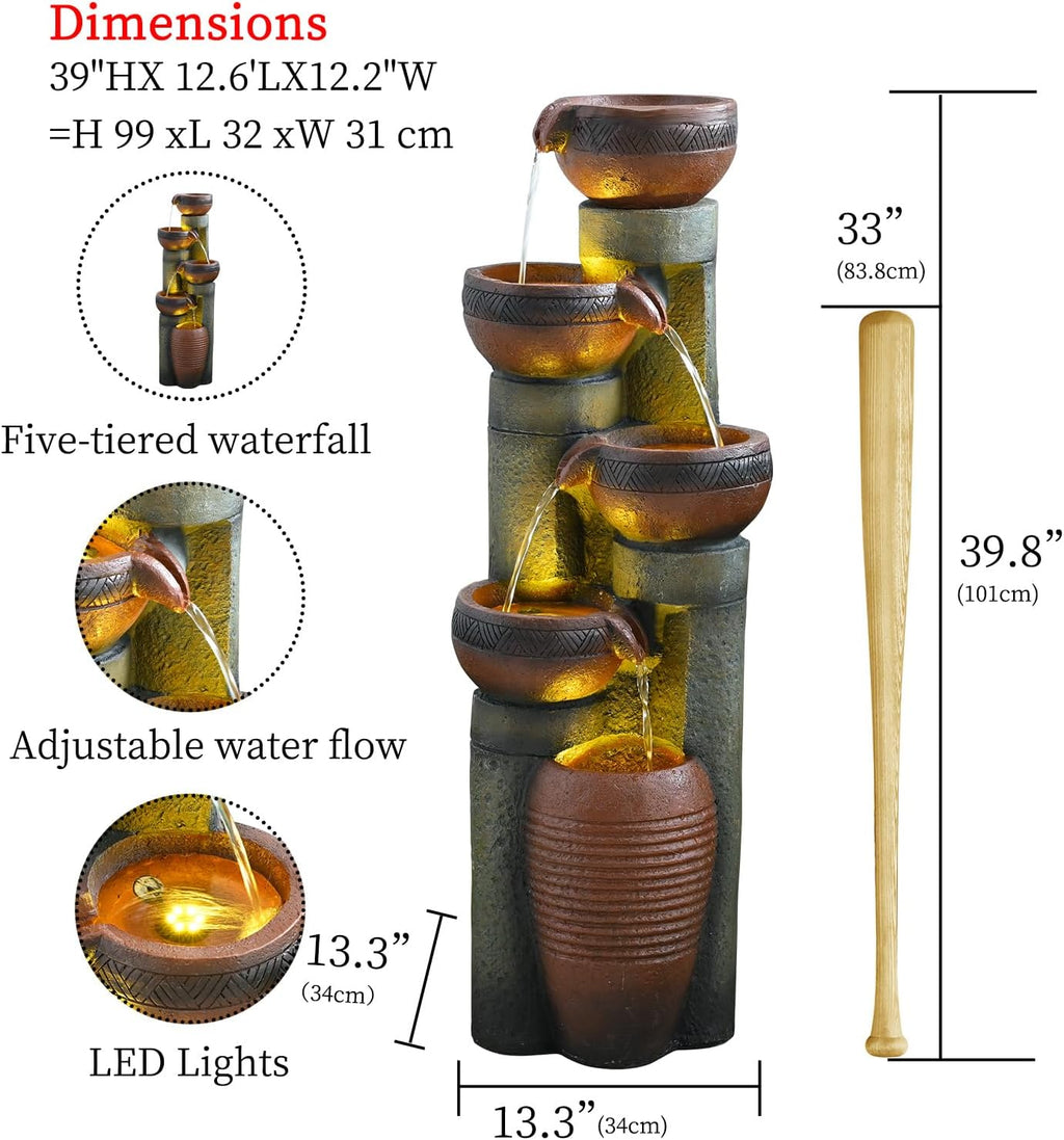 39.7''H 5-Tier Relaxing Outdoor Indoor Garden Water Fountain Decor - for Contemporary Design for Garden, Patio, Deck, Porch, Backyard and Home Art Decor Brown