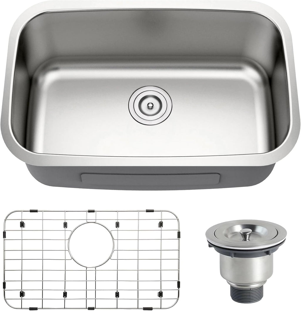 27 Inch Undermount Kitchen Sink 18 Gauge Stainless Steel Single Bowl Curved Shape Round Corner Arc Design Sinks with Basket Strainer and Bottom Grid 27' x 18' x 9'