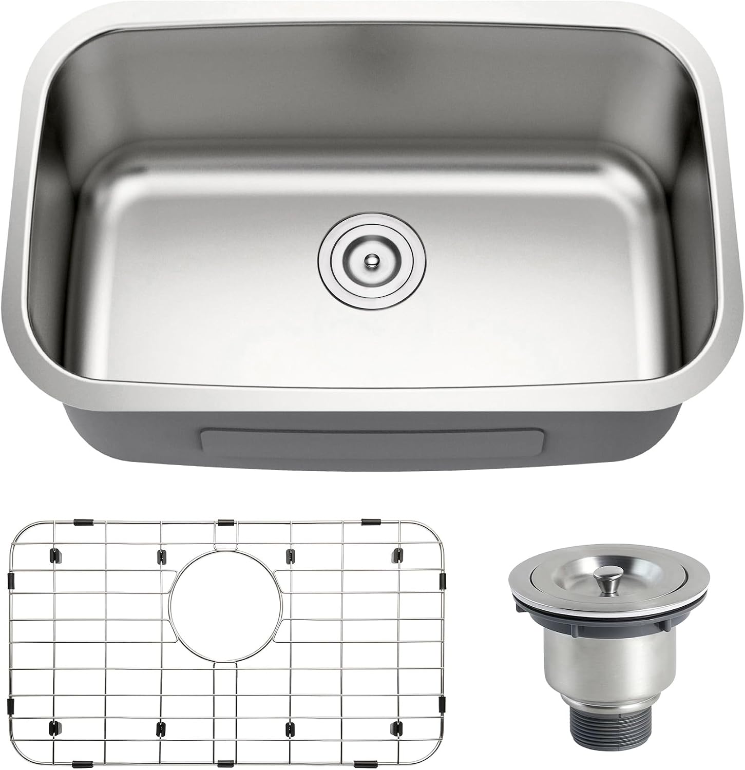 27 Inch Undermount Kitchen Sink 18 Gauge Stainless Steel Single Bowl Curved Shape Round Corner Arc Design Sinks with Basket Strainer and Bottom Grid 27' x 18' x 9'