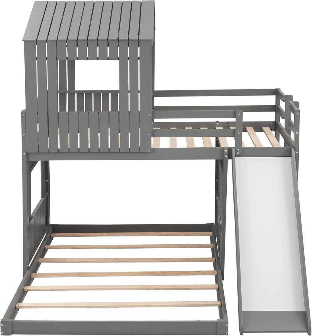 MERITLINE House Bed Bunk Beds with Slide Twin Over Full Size Bunk Bed Frame with Slide,Wooden Playhouse - Design Slide Bunk Beds Twin Over Full Bunk for Boys and Girls