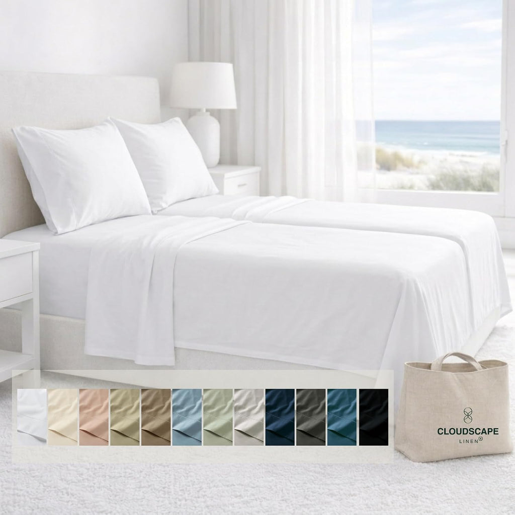 CLOUDSCAPE LINEN Split King Sheets Set Egyptian Cotton Bedding 5-Piece - Cooling Sateen Weave Cotton Sheet Set for Bed - Durable Long Staple Dual-Ply - Fits 17' Deep Mattress - White