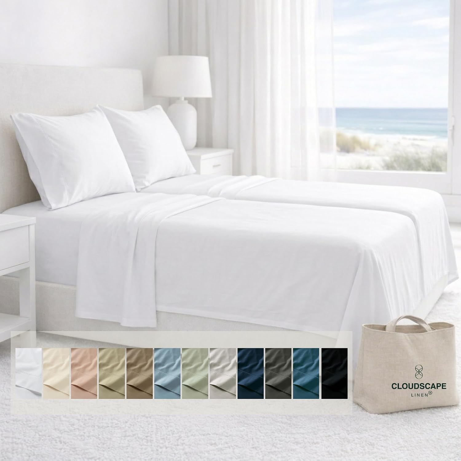CLOUDSCAPE LINEN Split King Sheets Set Egyptian Cotton Bedding 5-Piece - Cooling Sateen Weave Cotton Sheet Set for Bed - Durable Long Staple Dual-Ply - Fits 17' Deep Mattress - White