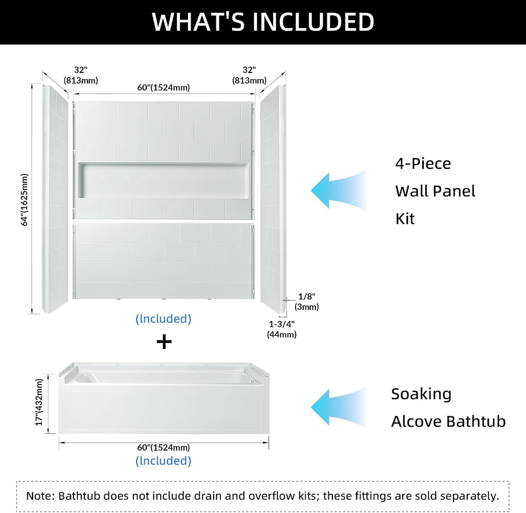 WOODBRIDGE 60' x 32' Four-Piece Direct-to-Stud Alcove Tub Surround with Left-Drain Hole Soaking Bathtub Combo in White
