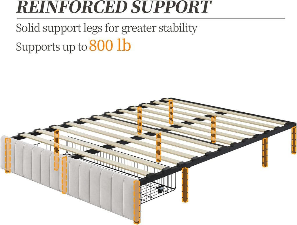 Yaheetech Full Bed Frame Upholstered Platform Bed with 3 Storage Drawers, Large Storage Space/Strong Wooden Slats/Non-Slip and Noise-Free/No Fixed Headboard/No Box Spring Needed/Beige Full Bed