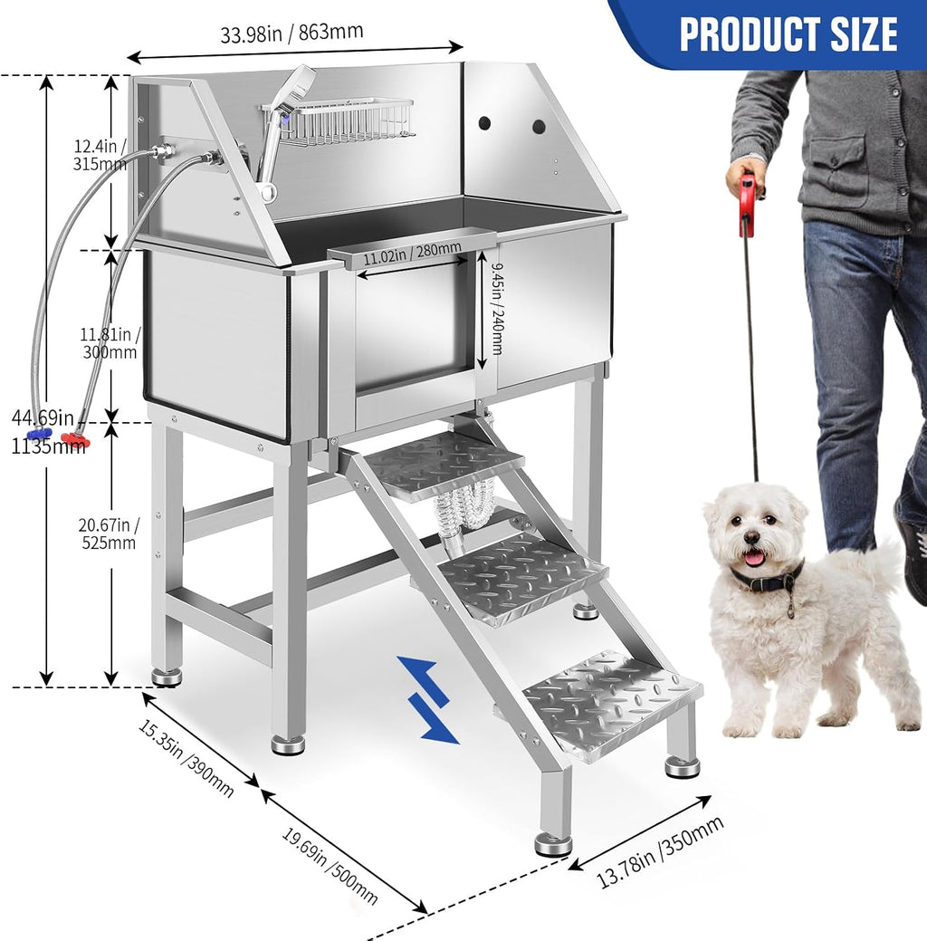 Dog Grooming Tub, L Pet Wash Station, Professional Stainless Steel Pet Grooming Tub With Ramp, Faucet, Sprayer, And Drain Kit