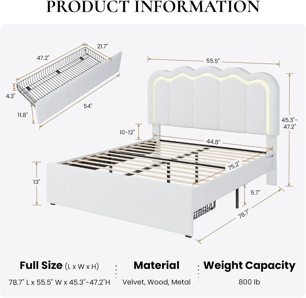 SHA CERLIN Upholstered Full Size Bed Frame with LED Lights and Large Storage Drawer, Velvet Platform Bed with Adjustable Wavy Headboard, Noise Free, Easy Assembly, No Box Spring Needed, Soft White