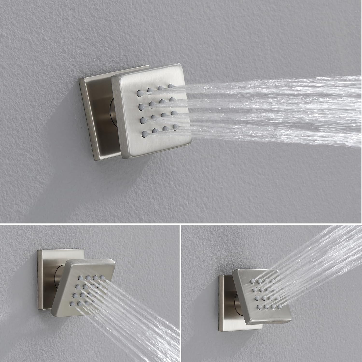 Iriber Brushed Nickel Square Rain Shower System with 4 PCS Body Jets 3 Function Shower Faucet Set Wall Mounted Pressure Balance Shower Trim Kit (Valve Included)