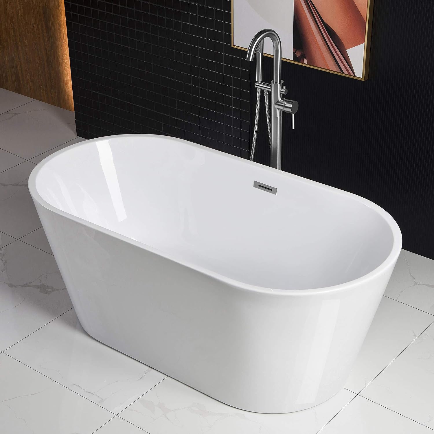 WOODBRIDGE 59' Freestanding White Acylic Soaking Bathtub with Chrome Drain and Overflow, BTA1514-C