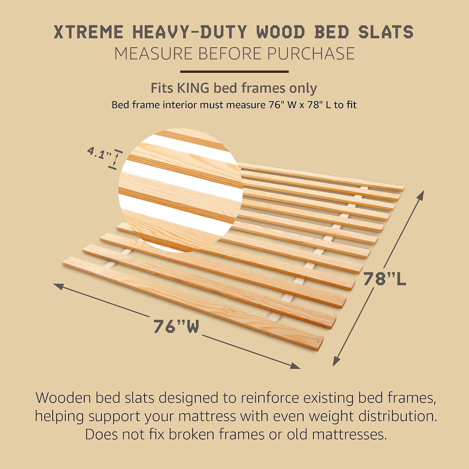 Hercules Xtreme Bed Frame Support Slats, Heavy-Duty Solid Pine Wood Bunkie Board Under Bed-Support, Wooden Support Board for Sagging, King Size