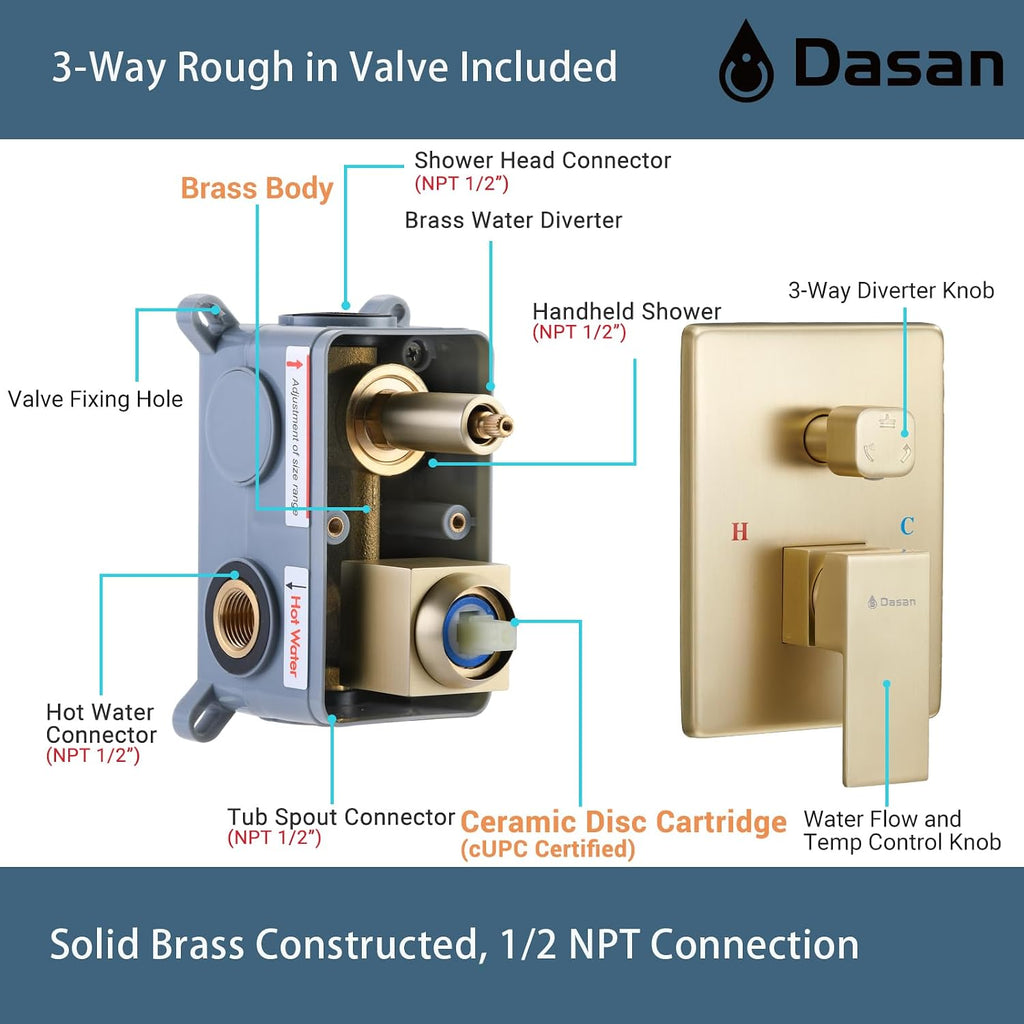 DASAN Tub Shower Faucets Sets Complete Brushed Gold Bathtub Shower System with Waterfall Tub Spout, Bathtub Faucet Set Tub and Shower Faucet Combo Trim Kit with Valve, DA-SS04BG-S10W