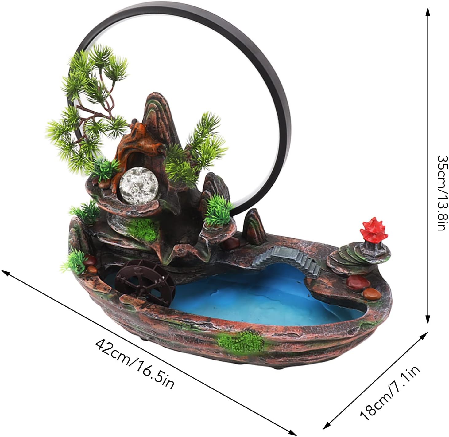 Walfront Waterfall Fountain Decoration, Waterfall Fountain, Waterfall Fountain LED Light Indoor Tabletop Fountain with Plants Mountain Lamp Loop Resin Desktop Waterfall Ornament for