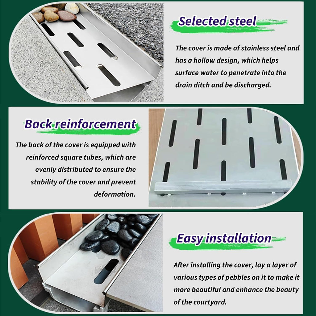 Trench Drain with 304 Stainless Steel Grate,French Drain Kit for Yard,Pebble Filling,Convenient Assembly,for Yard Concrete Garden
