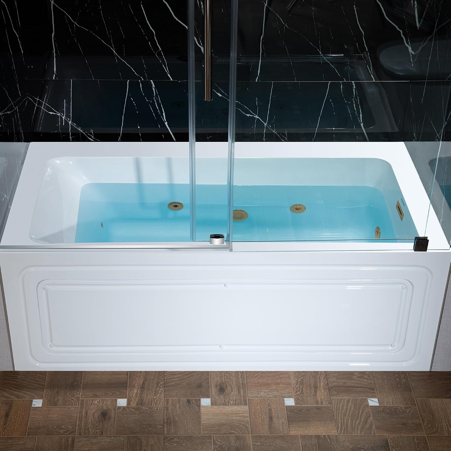 WOODBRIDGE 60' x 32' Alcove Acrylic Rectangular Whirlpool Heated Jetted Tub in White with right Drain, Brushed Gold Finish Trim and Drain Kit Included, BS667-R-BG03