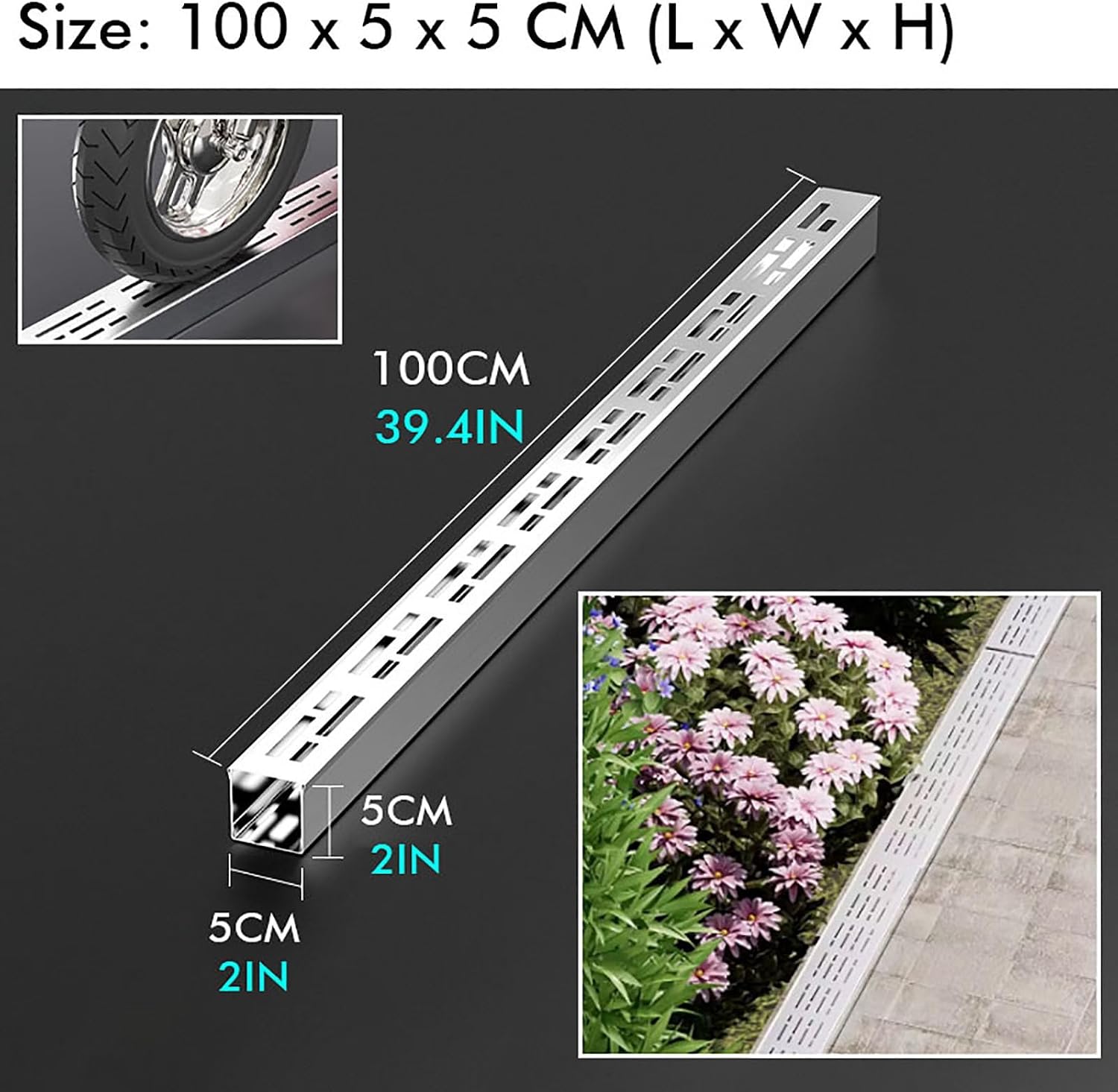 French Drain Kit Under Ground Drainage System, 2 Inch Outside Trench Drains for Concrete Driveways Walkway/ Slim Patio Drainage Gutter Pit, Stainless Steel Floor Drain Trough with Grate/ Grating(Silve