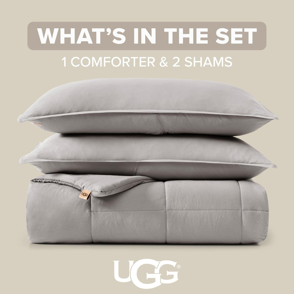 UGG Leonora Comforter Set with 2 Pillow Shams Lightweight Down Alternative Blanket Reversible Cozy Warm All Season Washable and Hypoallergenic Bedding Set, King, Light Grey