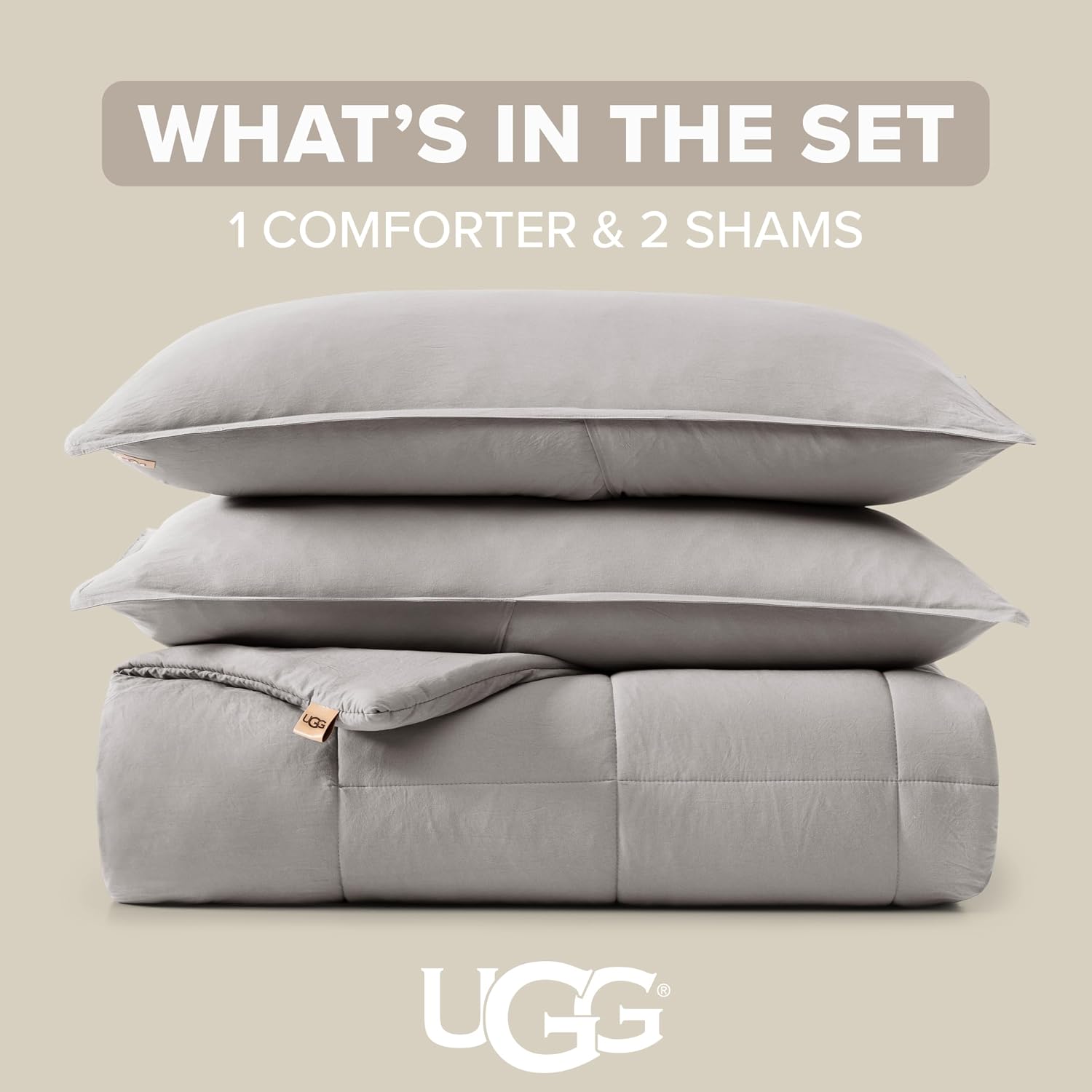 UGG Leonora Comforter Set with 2 Pillow Shams Lightweight Down Alternative Blanket Reversible Cozy Warm All Season Washable and Hypoallergenic Bedding Set, King, Light Grey
