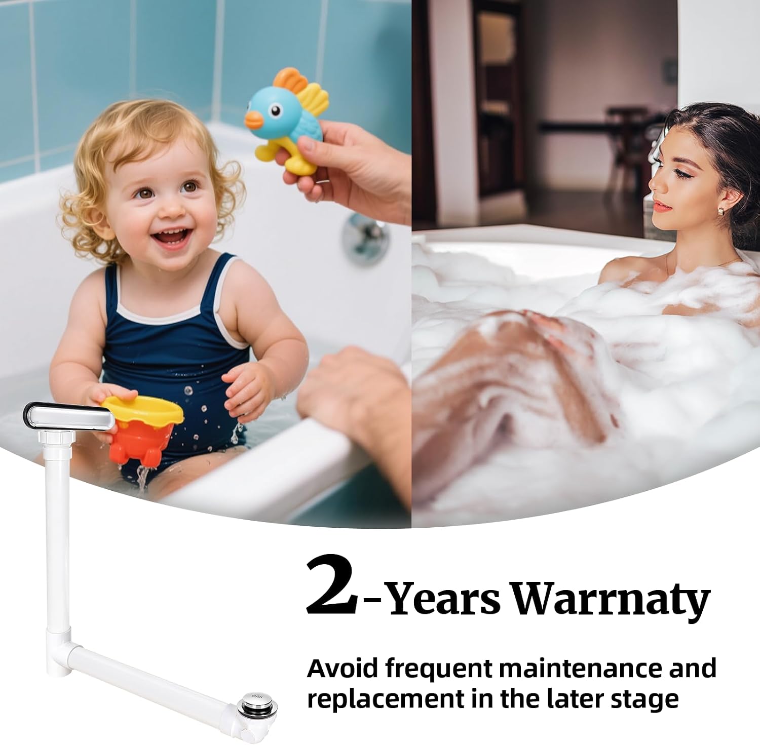 Slotted Overflow Bath Drain with Toe-Tap Stopper, with Metal Overflow Cover, Compatible with Kohler Elevance/Archer/Underscore/Rêve/Parity Baths and Whirlpools, Polished Chrome, Easy Installation