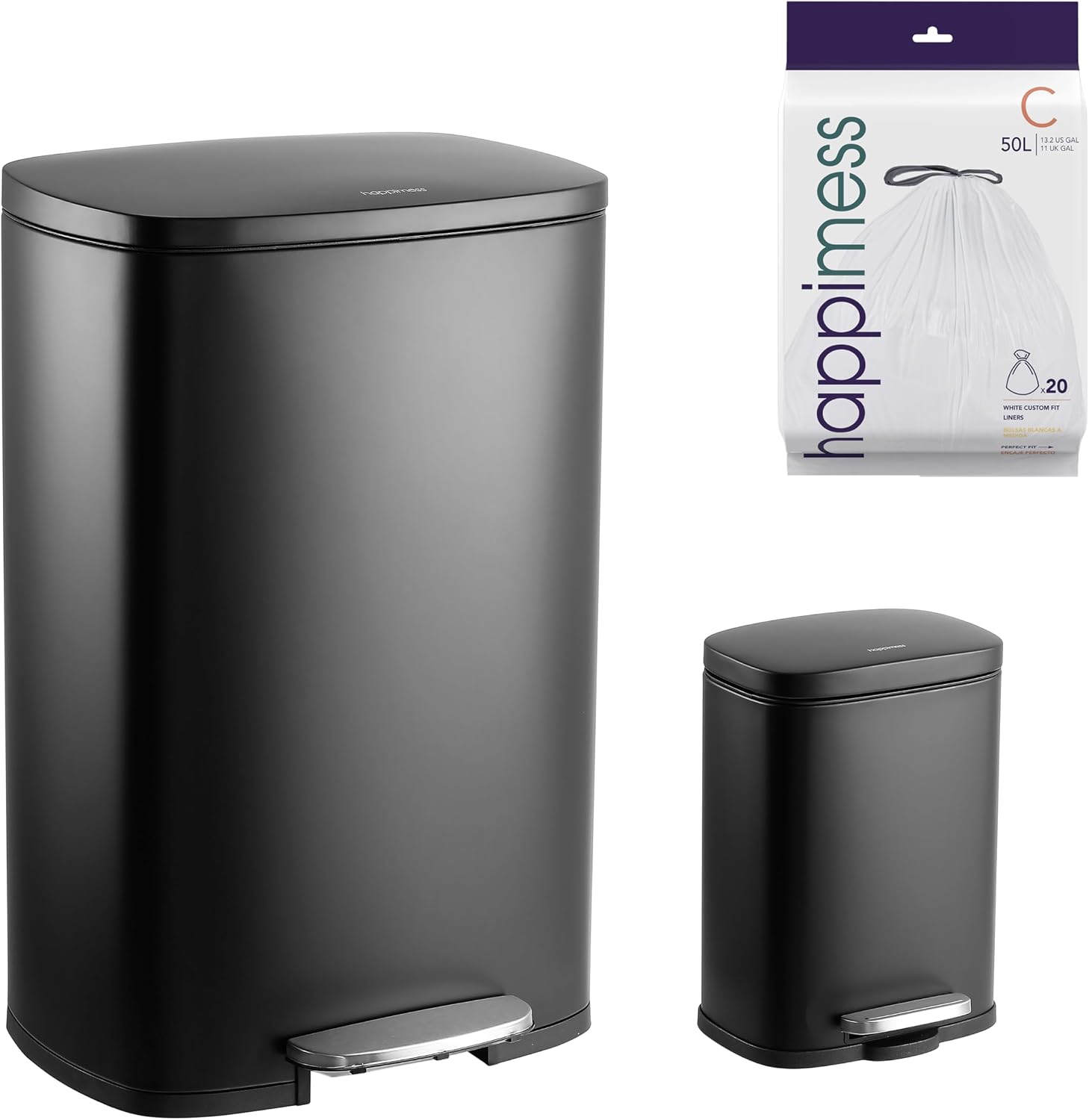 happimess HPM1006B Connor Rectangular 13-Gallon Trash Can with Soft-Close Lid and Free Mini Trash Can, Fingerprint Resistant, Modern, Minimalistic for Home, Kitchen, Office, Bathroom, Black