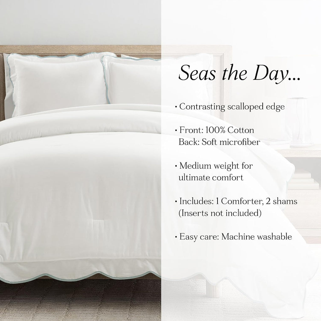 Lush Decor Coastal Chic Scalloped Edge Comforter Set, 3 Piece Set Full/Queen, Blue & White - Queen Bedding Set - White Comforter - Coastal Decor