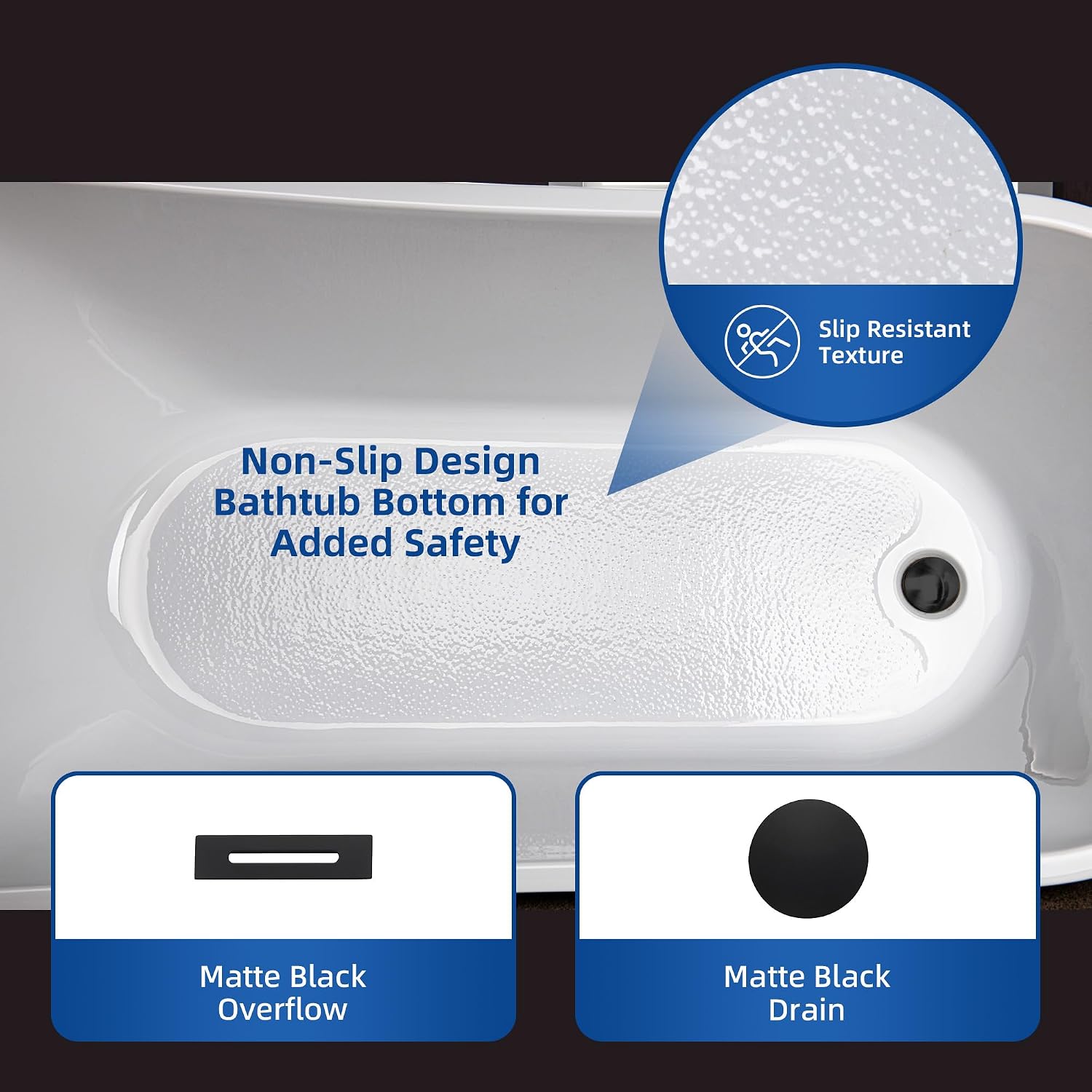 WOODBRIDGE 67' Acrylic Freestanding Bathtub Contemporary Soaking White Tub with Matte Black Overflow and Drain，B0001 -MB-Drain &O