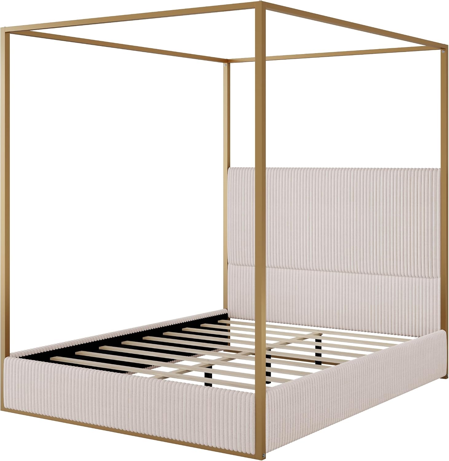 Merax Modern Luxury Queen Metal Canopy Bed with Tall Upholstered Headboard, Gold Four Poster Bed, No Box Spring Needed, Beige