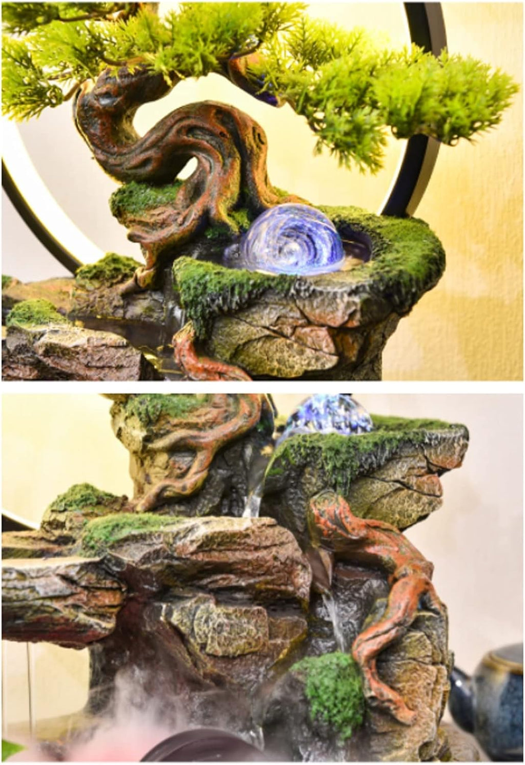 Table fountain Tabletop Water Fountain Indoor Waterfalls Fountains Decorative Tabletop Fountain with LED Light Artificial Bonsai Tree Design Best Home Gifts for Parents or Friends Fountains(Small)