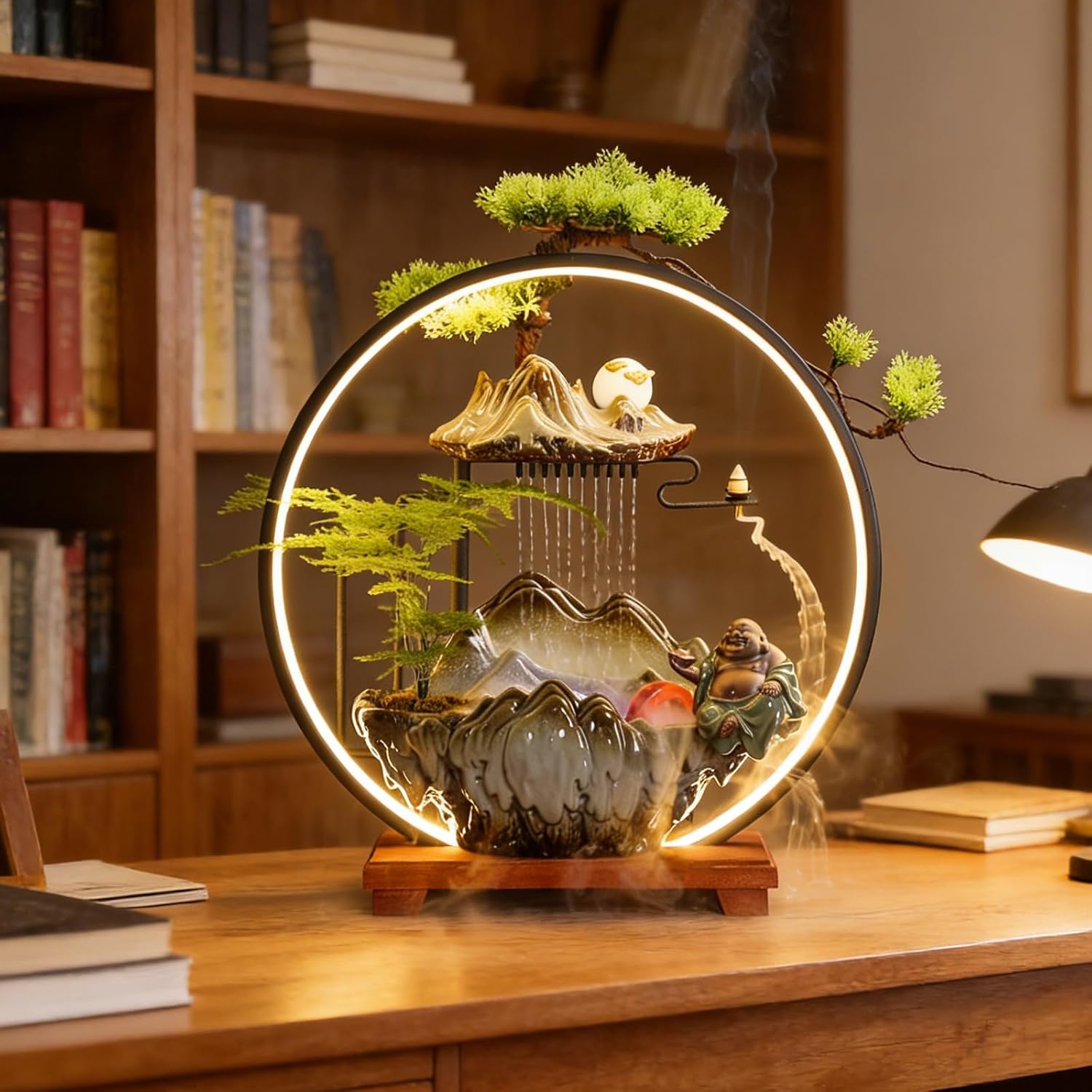 Tabletop Fountain with LED Light, Indoor Waterfall Fountain with Water Wheel & Wood Base, Chinese-Style Creative Water Feature for Office Living Room Bedroom(C)