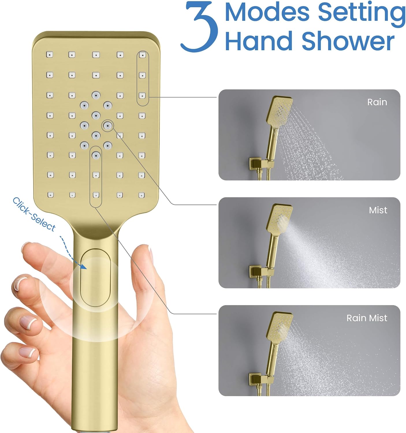 KIBI Cube 3-Function Brushed Gold Wall Mounted Bathroom Shower System | Solid Brass Pressure Balanced Valve Bath Faucet Set | 15-inch Shower Arm | Handheld Waterfall Shower Mode (KSF406BG)