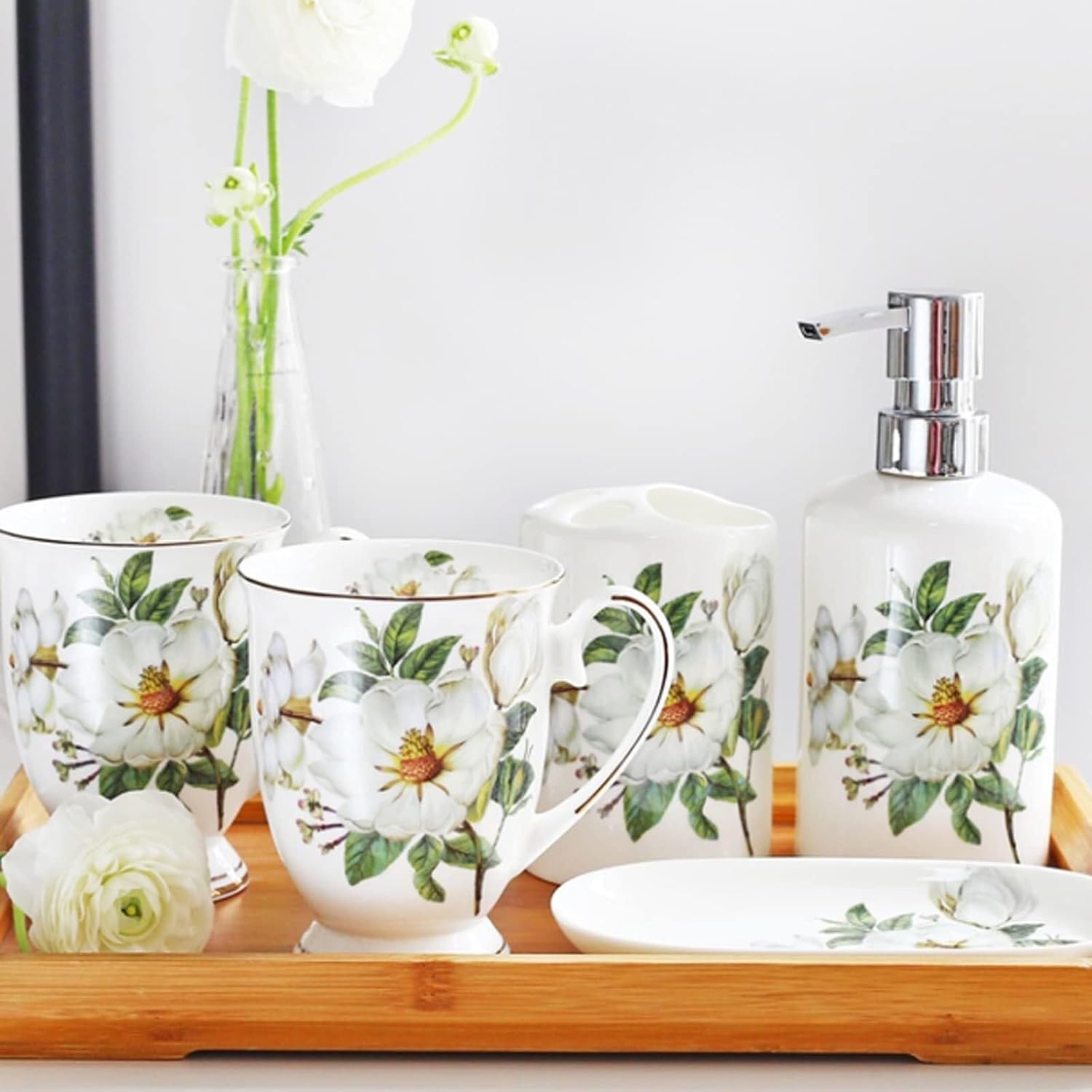 Bathroom Accessories Set 5 Piece Modern Ceramic Bathroom Accessory Set with Soap Dispenser, Tumbler Toothbrush Holder Dish 4pcs Victorian Decor(D)